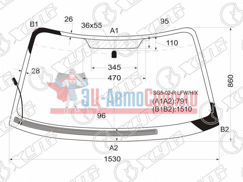 Стекло лобовое с обогревом щеток SUBARU FORESTER 02-08